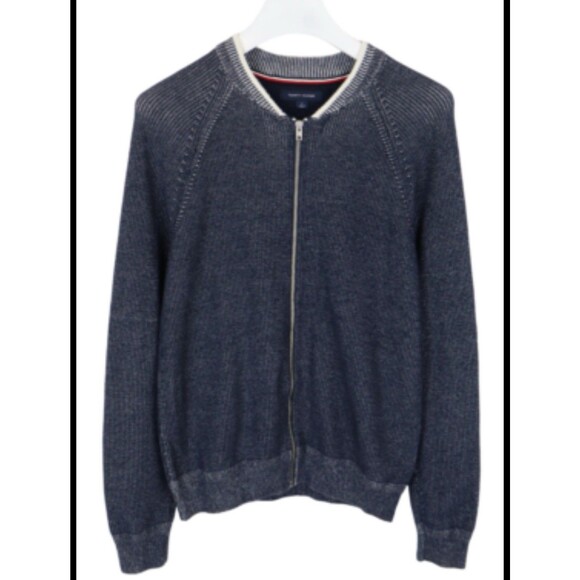 TOMMY HILFIGER sweater Cardigan Men's MEDIUM Knit Bomber Zip Up Stand Up Collar - Picture 15 of 16